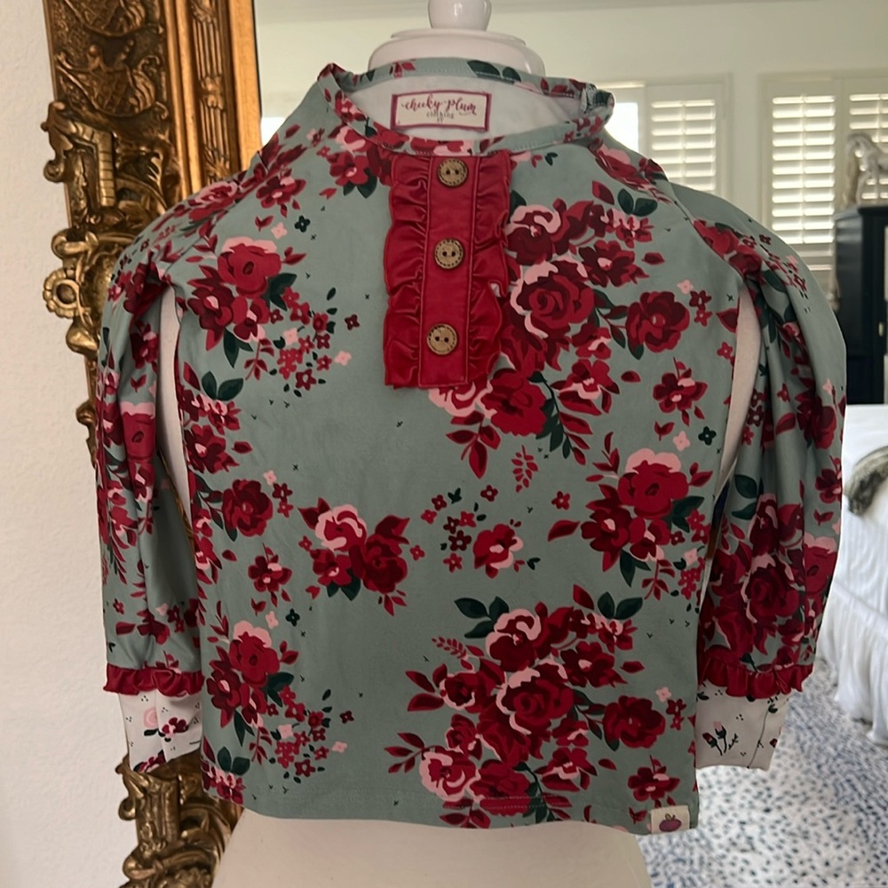 Cheeky Plum Size 5T green and plum colored long sleeve ruffle/button detail tee